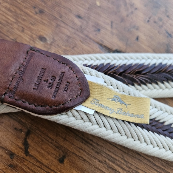 Tommy Bahama Brown Leather and Cream Cord Woven Belt Mens L 38-40 - Picture 7 of 10